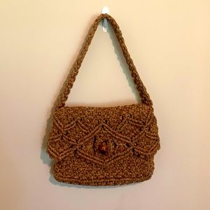 Vintage Macrame Handmade Purse with Large Bead Closure and Floral Cotton Lining